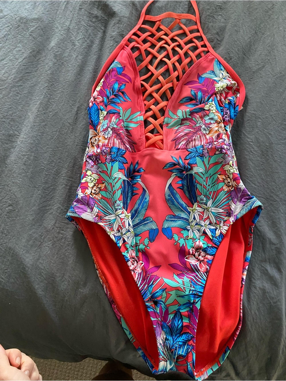 Kenneth Cole Coral One-Piece Floral Halter Swimsuit with Lattice Front